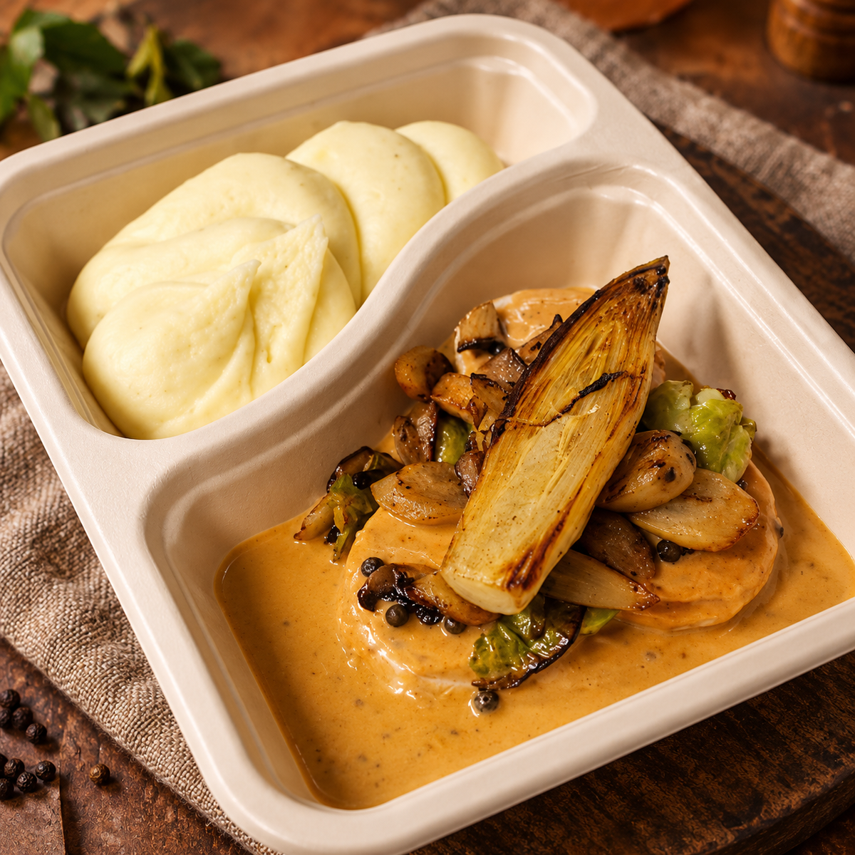 Parelhoenrollade met pepersaus, herfstgroentjes en aardappelpuree in een afhaalbakje