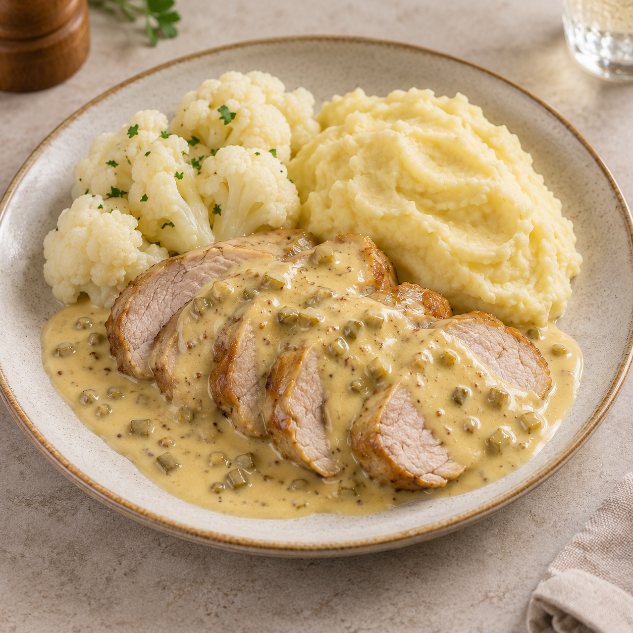 Varkensfiletgebraad met Blackwellsaus, bloemkool en aardappelpuree van Arno’s to go