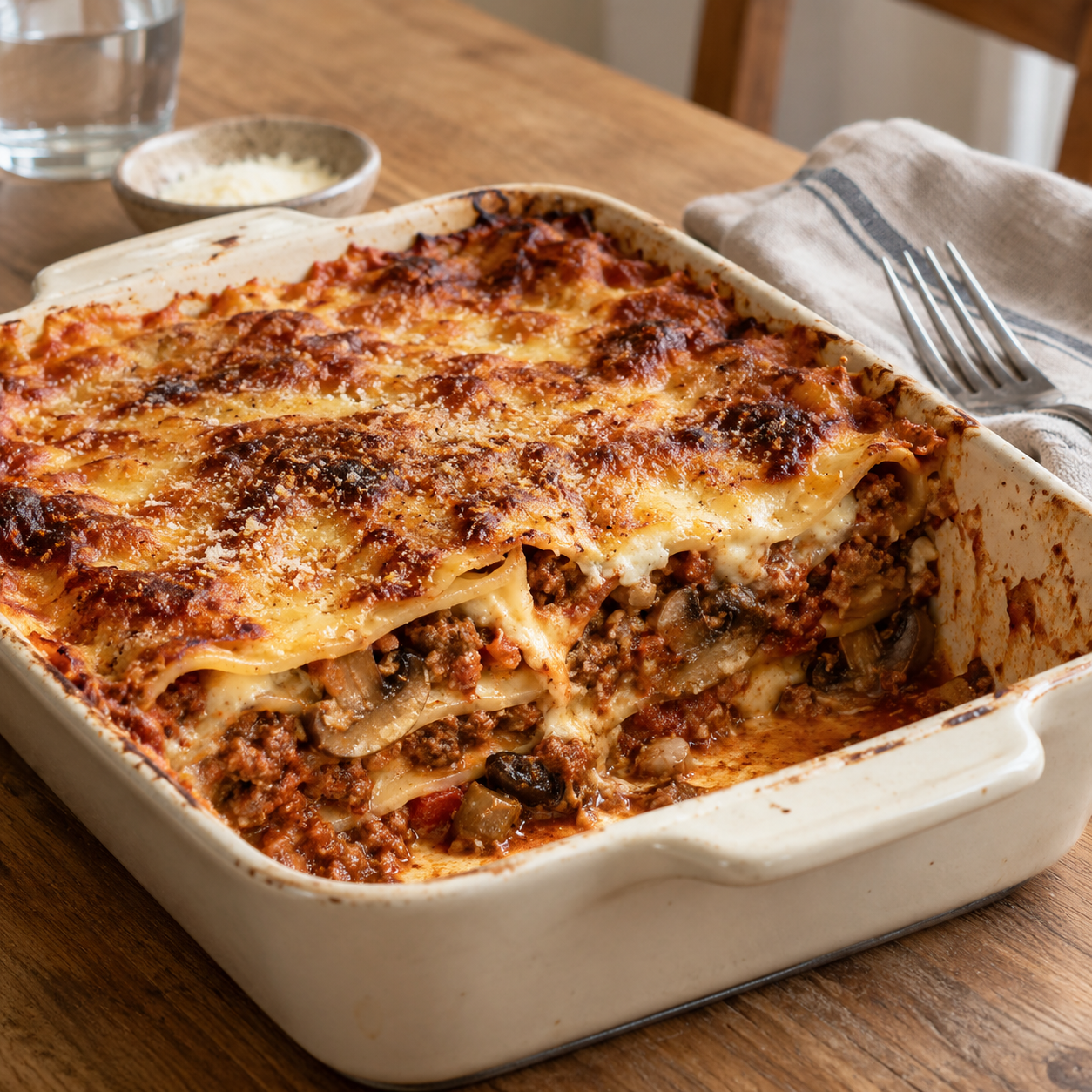 Winterlasagne met gehakt, boschampignons en knolselder van Arno's to go