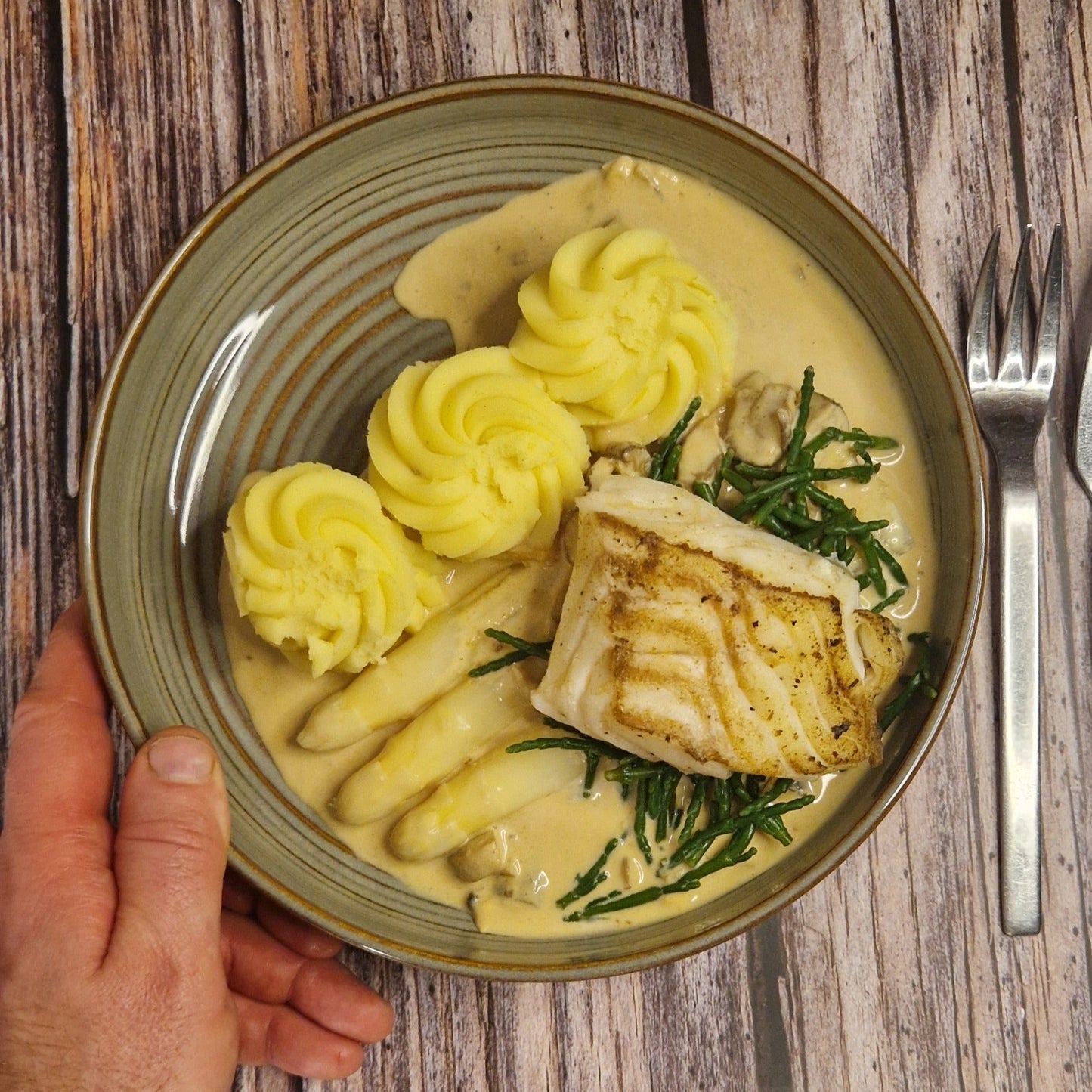 Kabeljauw filet - asperges - duchesse aardappel
