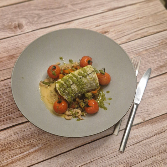 Schelvis - ratatouille - garnalensaus