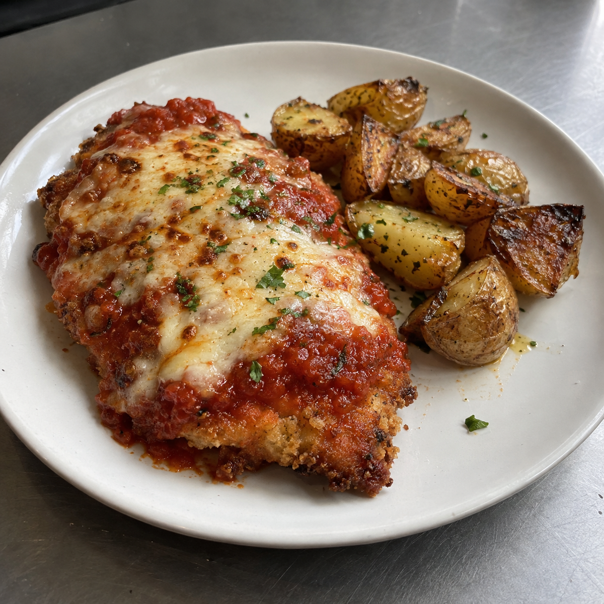 Chicken parmigiana met tomatensaus, mozzarella en gepofte krieltjes van Arno’s to go in Beveren