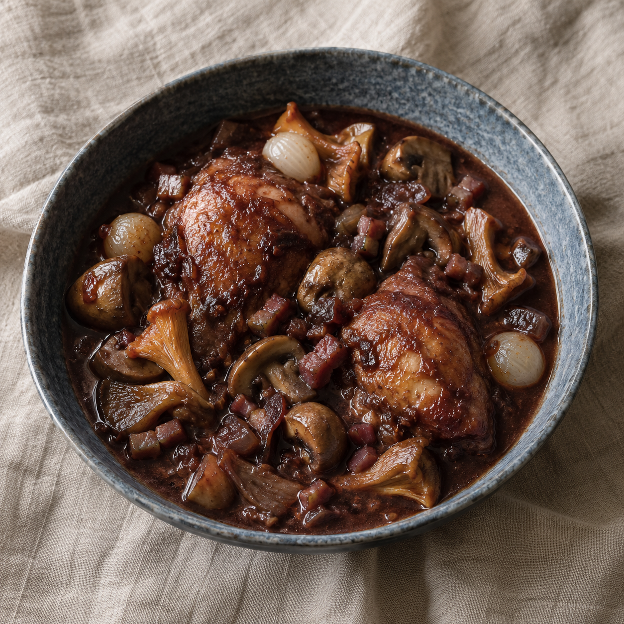 Coq au vin met spekjes en boschampignons van Arno’s to go in Beveren