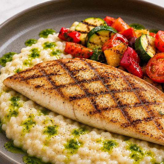 doradefilet met risotto en zuiderse groentjes bij arno's to go in Beveren