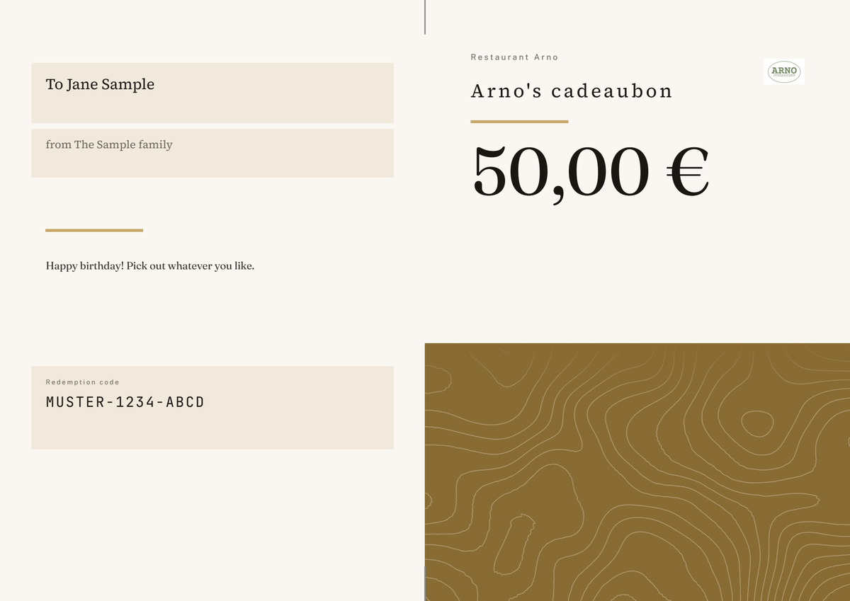 All sides of the gift voucher card with sample details