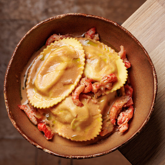 Ravioli van scampi met rivierkreeftjes bij Arno's to go in Beveren