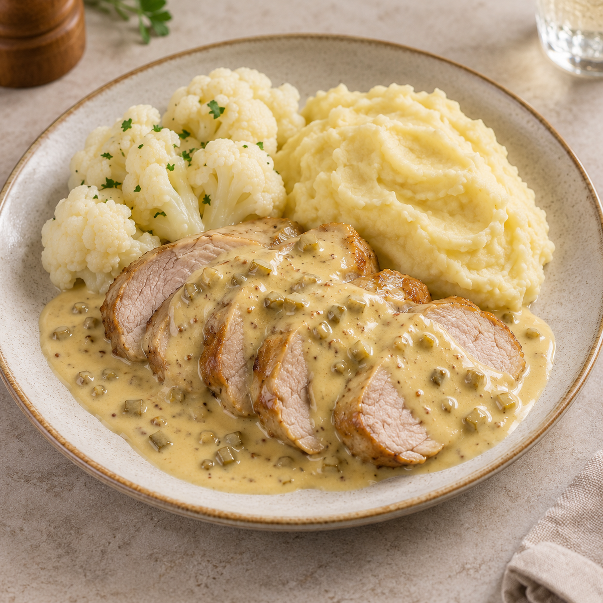 Varkensfiletgebraad met Blackwellsaus, bloemkool en aardappelpuree van Arno’s to go